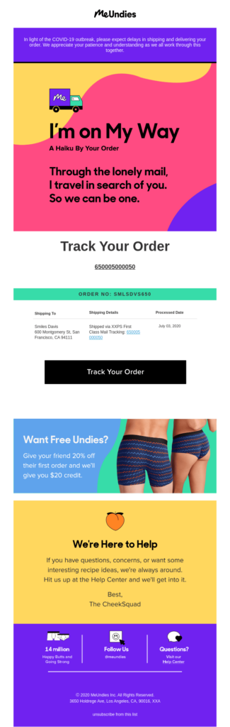 meundies branded tracking email example