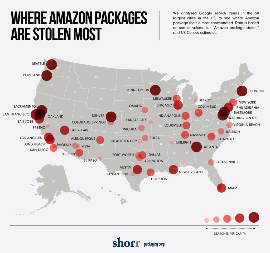 map of package theft occurrences in the US.